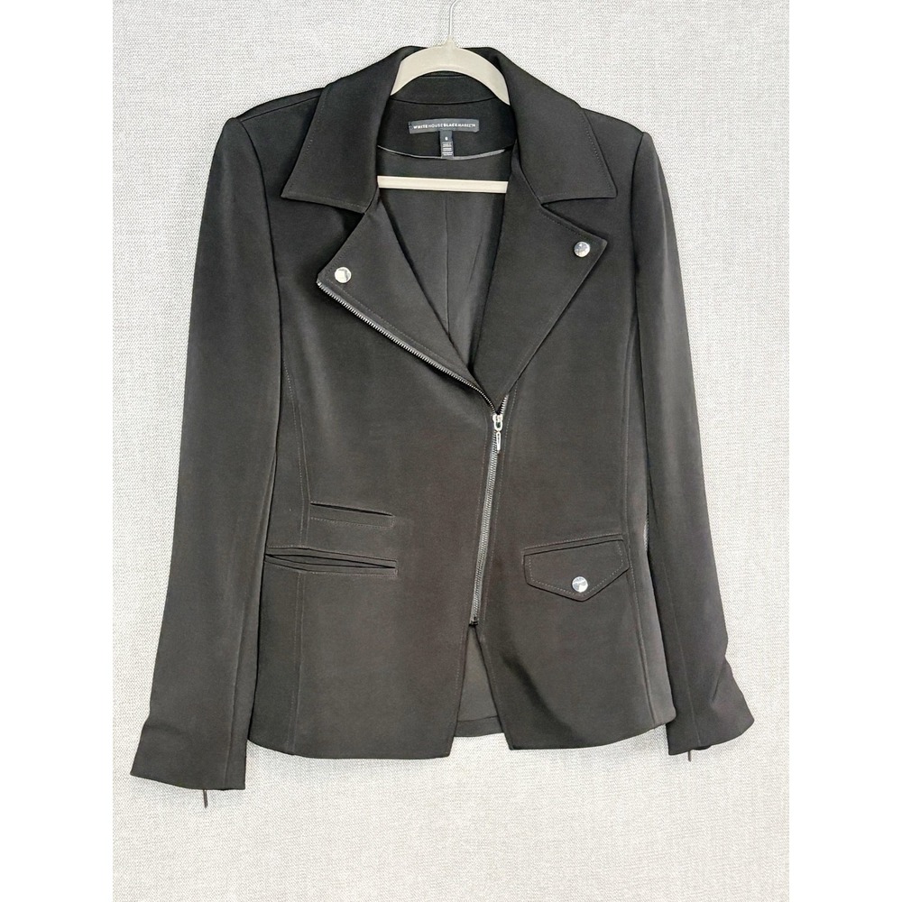 White House Black Market Blazer Womens 8 Black Jacket Zipper Asymmetrical Career